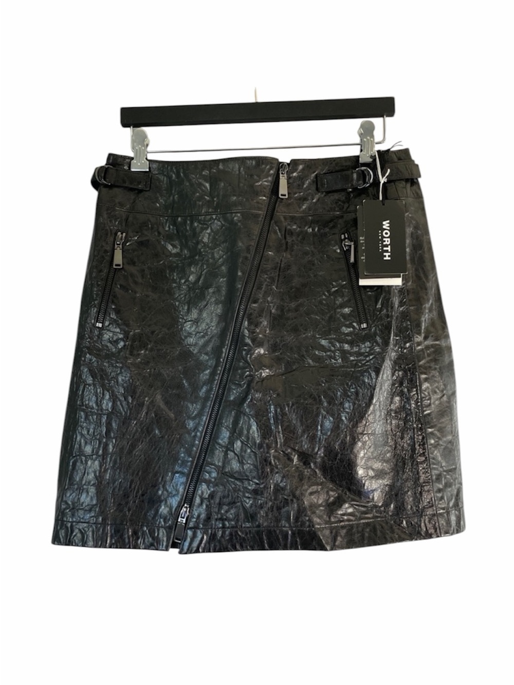 𝅺NWT WORTH NY 100% Genuine Leather Crackle Asymmetrical Zip Skirt 4